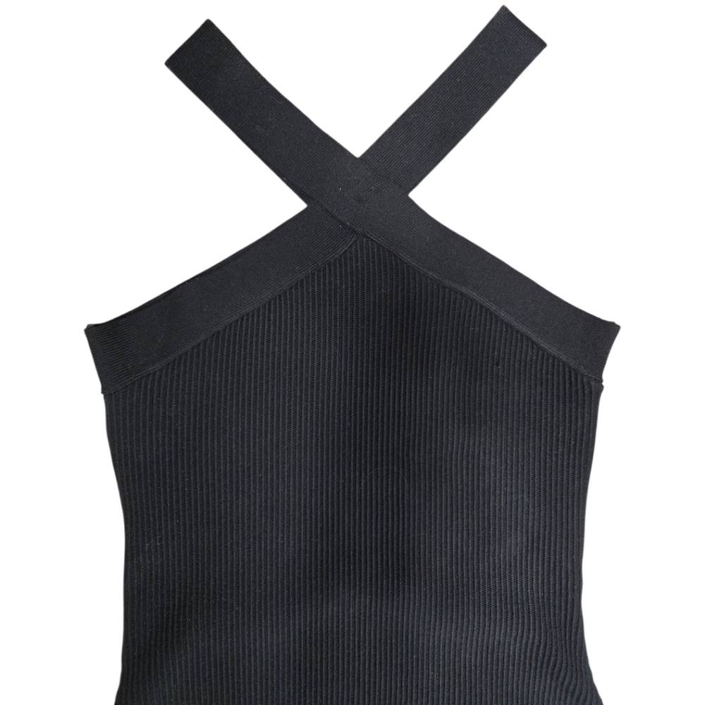 House Of Harlow 1960 Black Mini Ribbed Dress Criss Cross Neck Size Medium - Picture 3 of 9